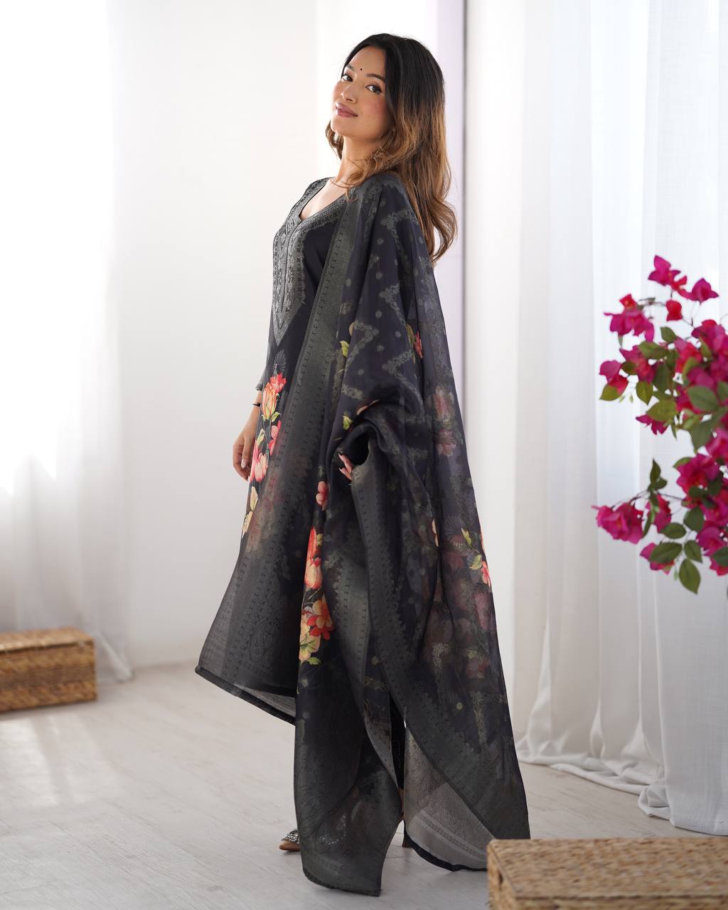 Black color chanderi silk salwar suit with dupatta