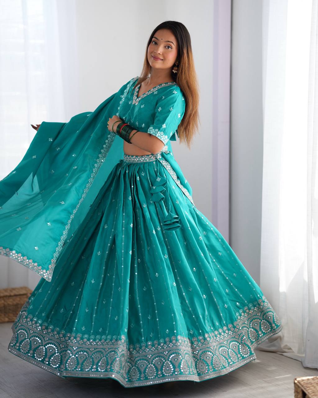 Rama color shimmer silk lehenga choli with online shopping