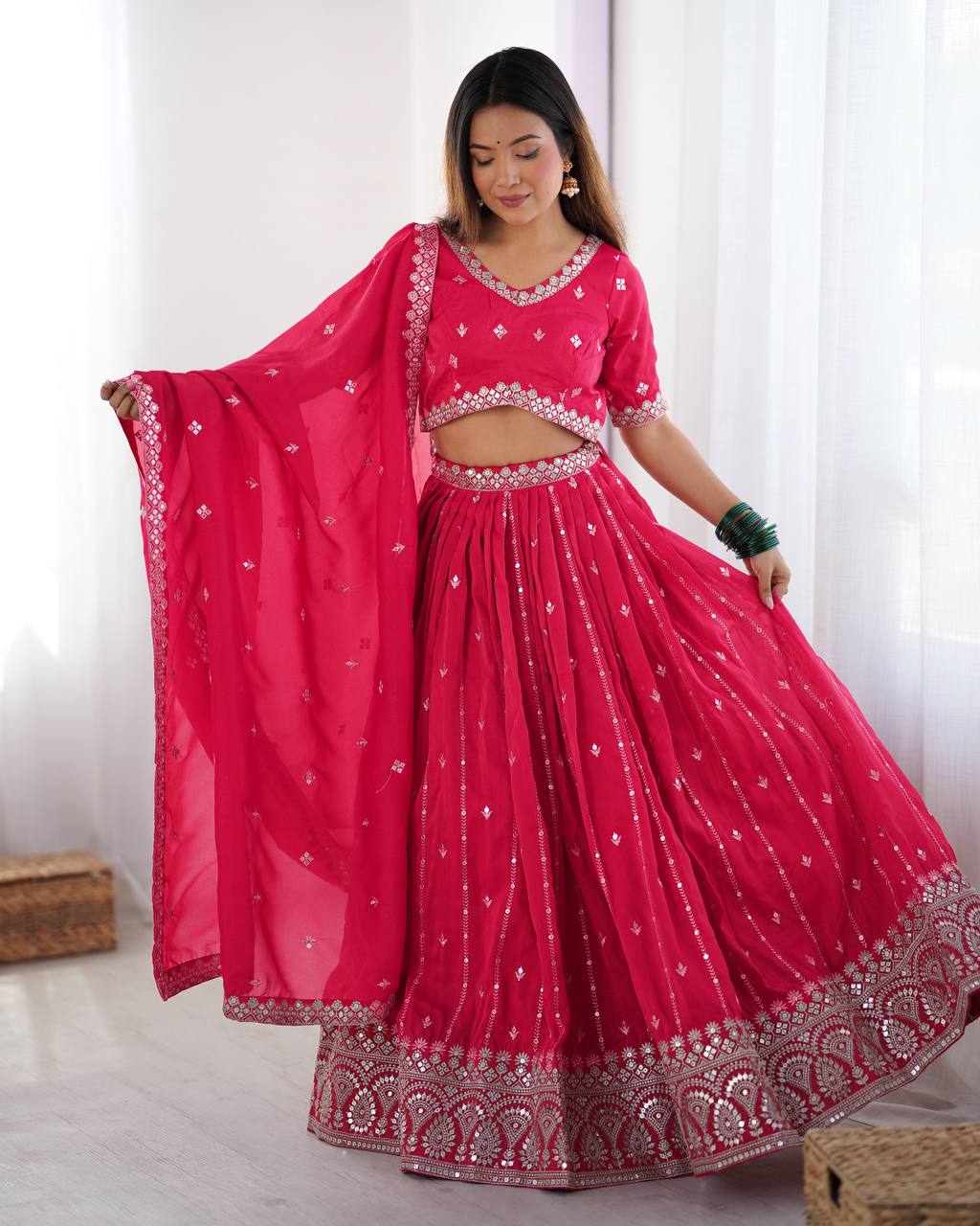 Pink color shimmer silk lehenga choli price