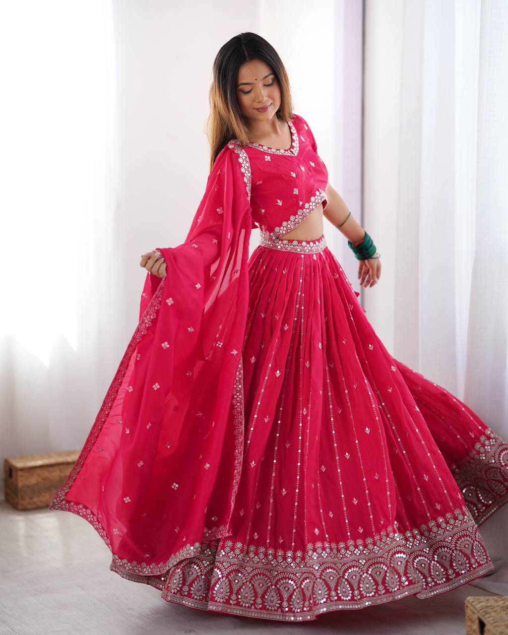 Pink shimmer silk lehenga choli with online shopping