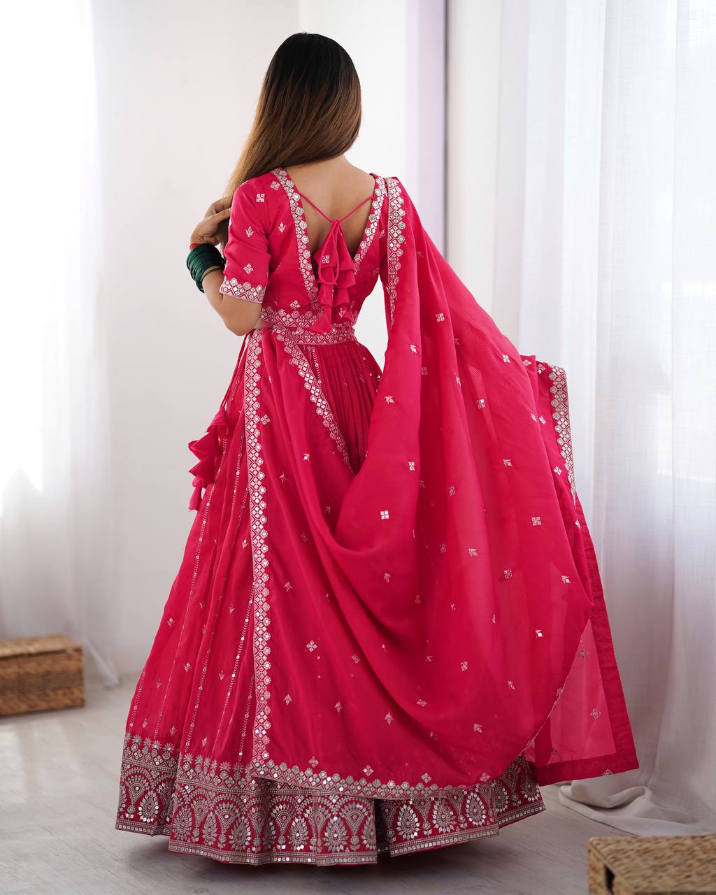 Pink color shimmer silk lehenga choli images