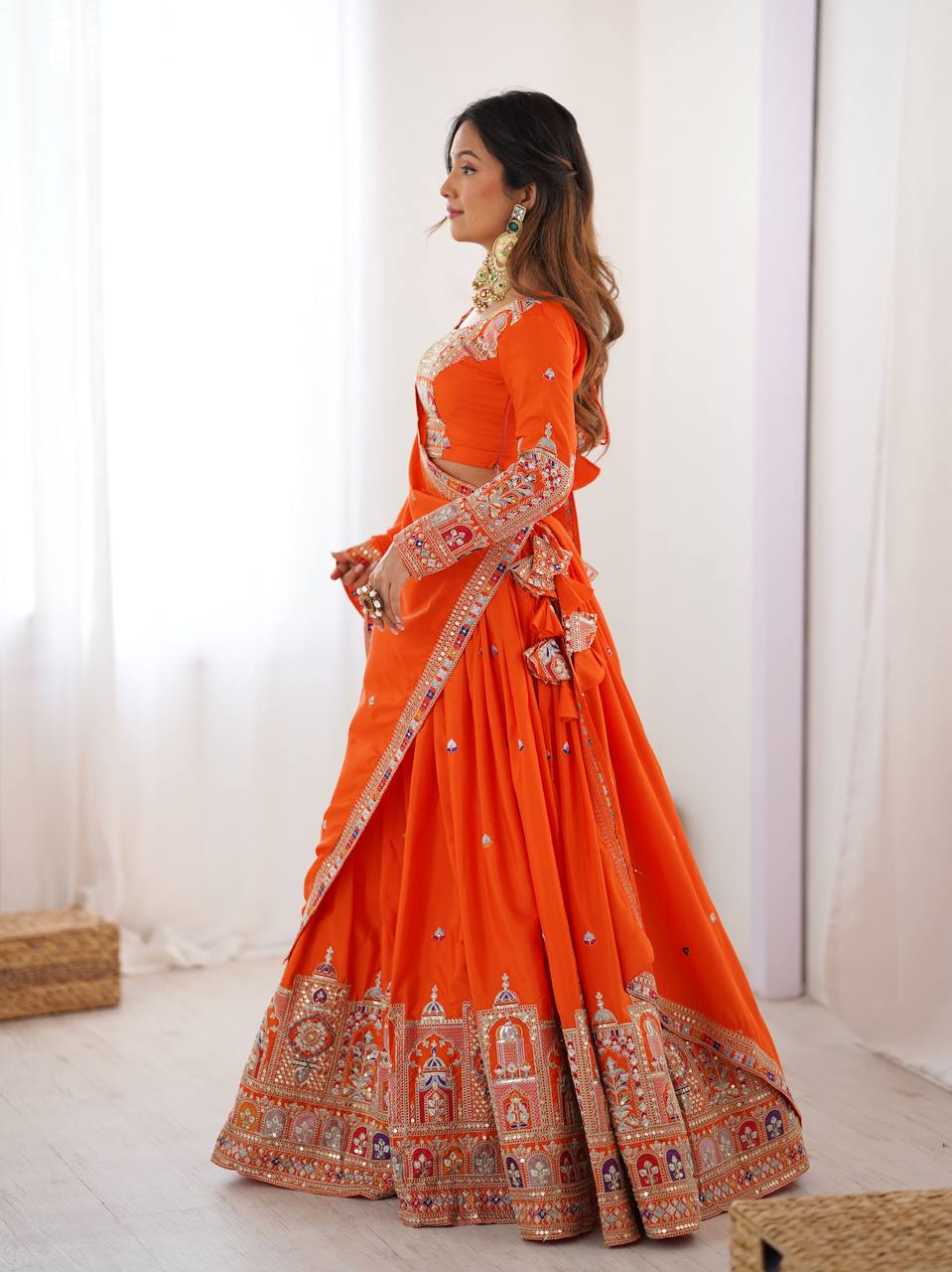 Orange natural crep silk lehenga choli with images