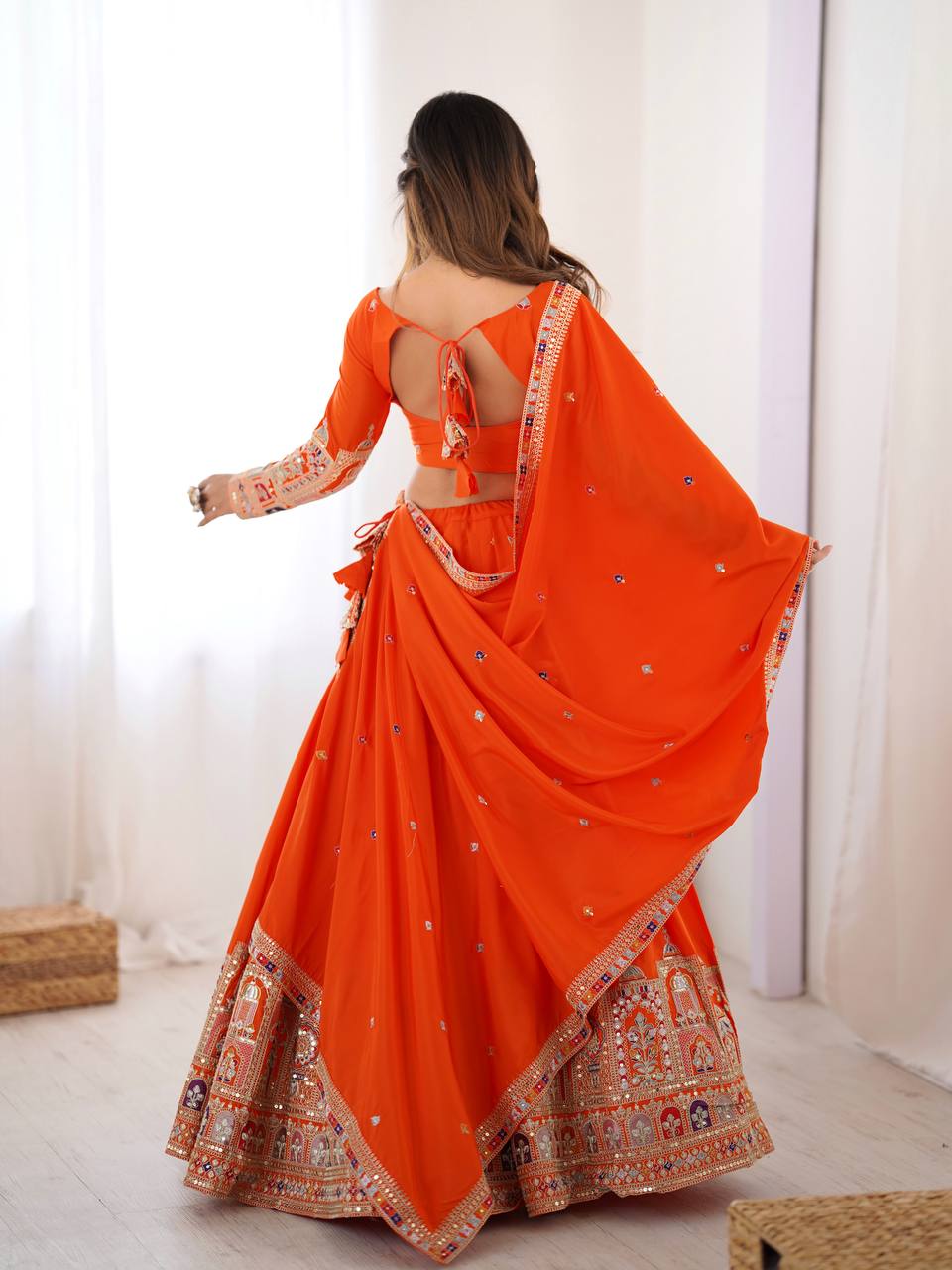 Orange natural crep silk lehenga choli