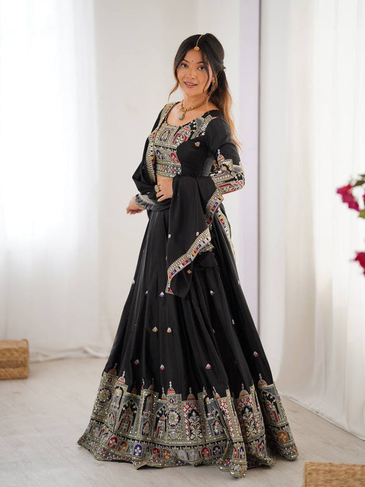 Black color natural crep silk lehenga choli for women