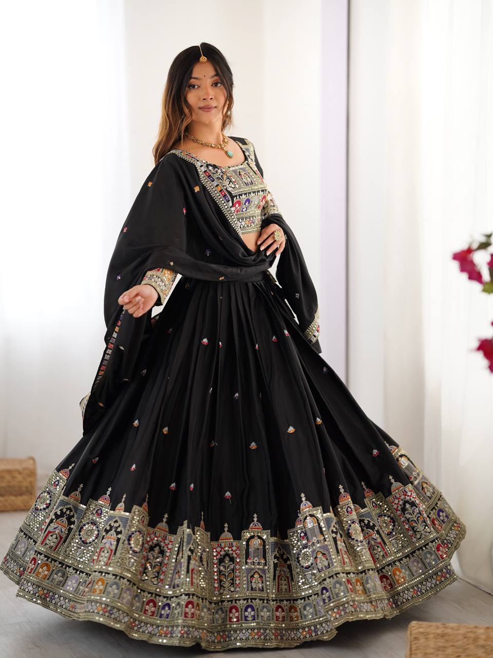 Black natural crep silk lehenga choli with dupatta price