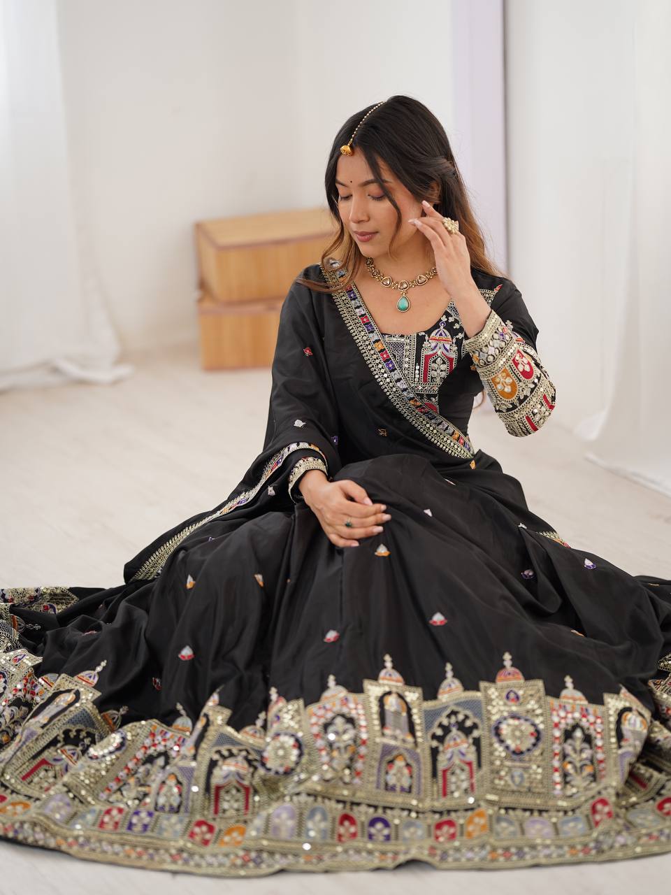 Black natural crep silk lehenga choli with dupatta online