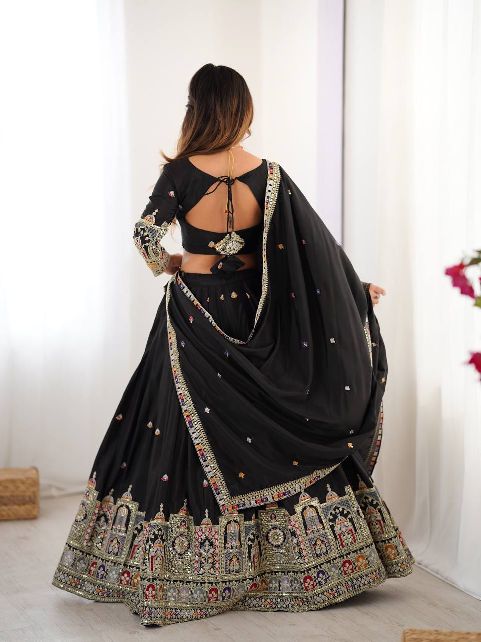 Black natural crep silk lehenga choli with dupatta images