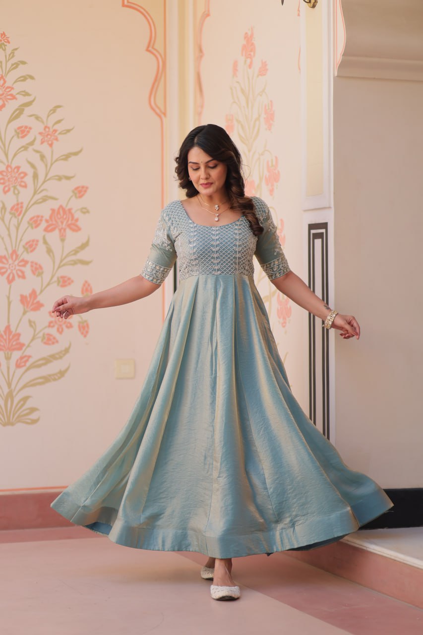 Sky color fendy gown with online shopping