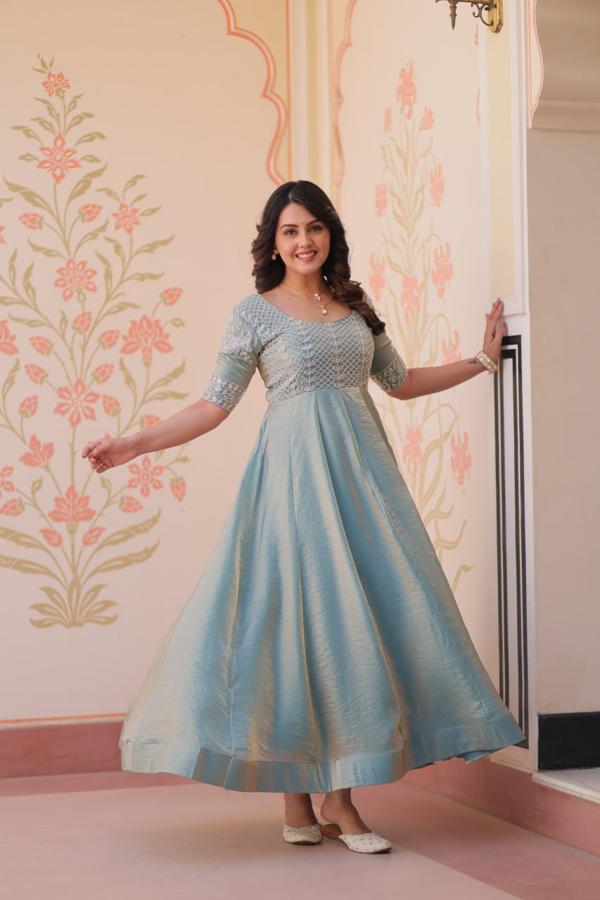 Sky color fendy gown with price
