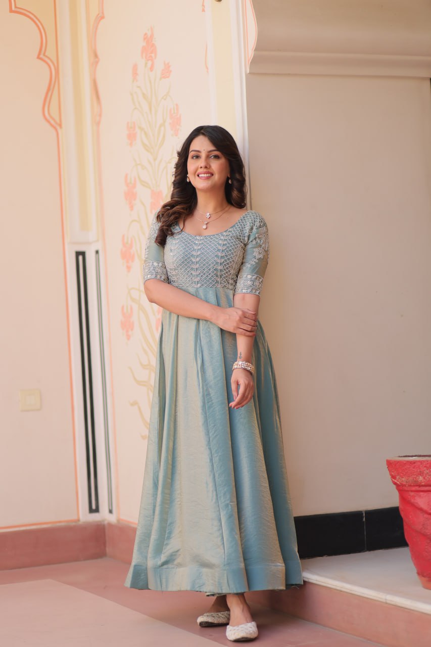 Sky color fendy gown with images