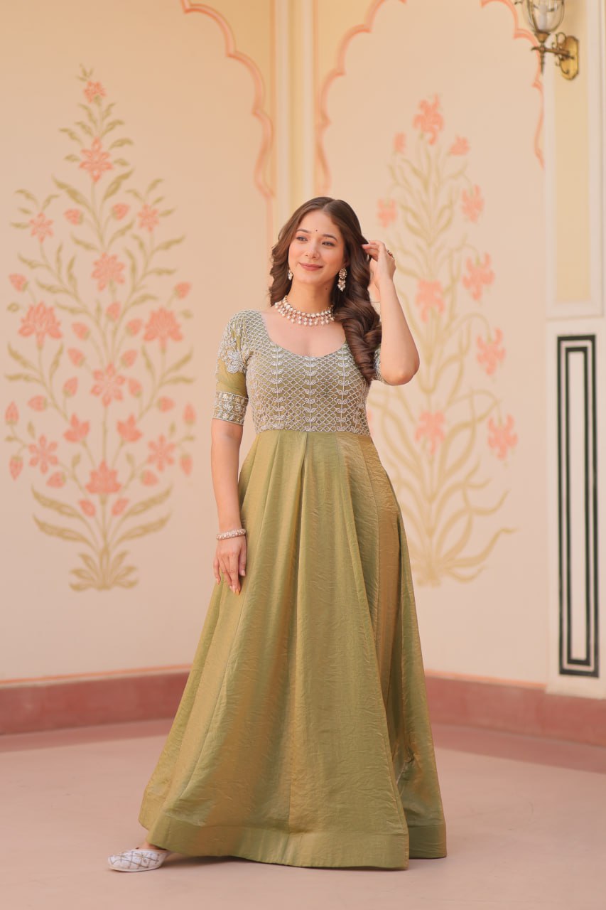 Green color fendy long gown with online