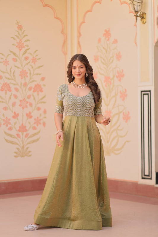 Green color fendy long gown for wedding