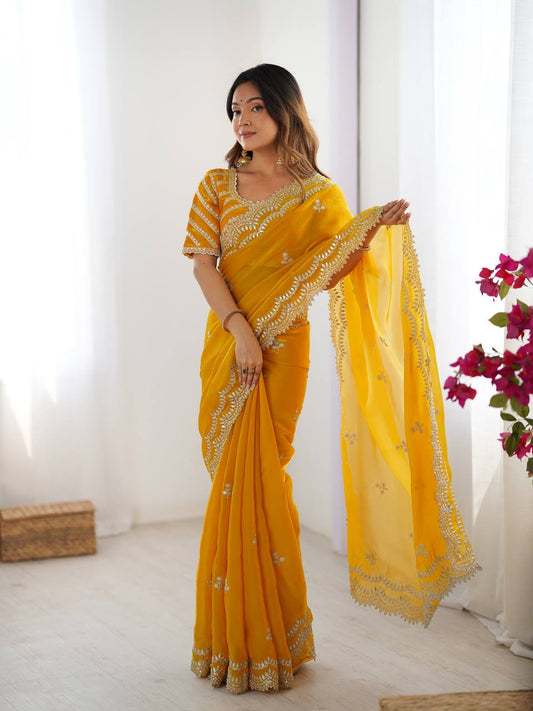 Yellow color jimmy choo saree for party