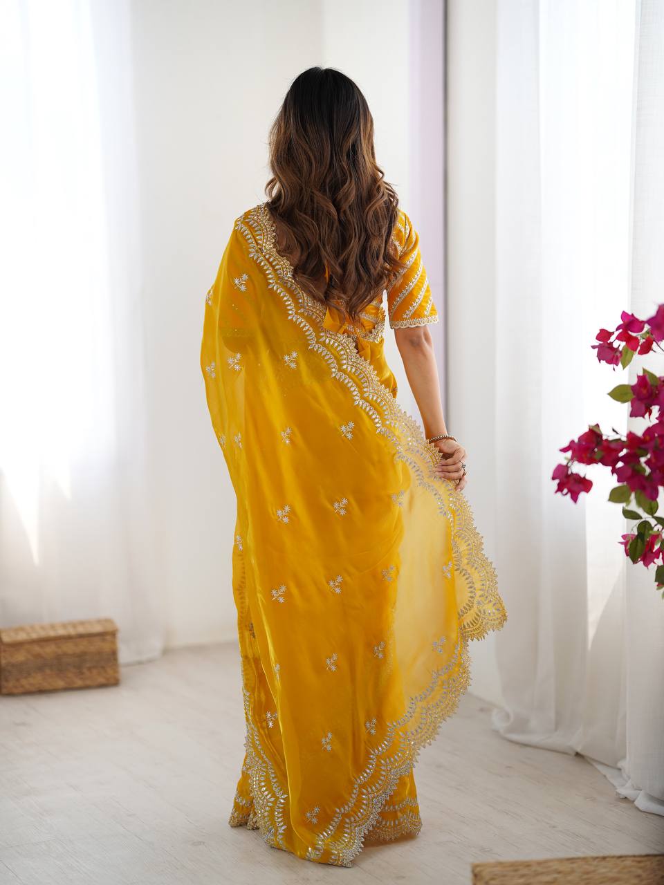 Yellow color jimmy choo saree with blouse online