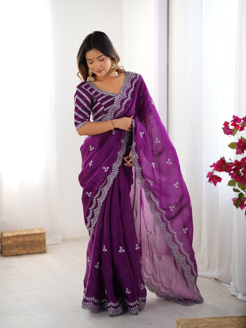 Purple color jimmy choo saree with blouse online