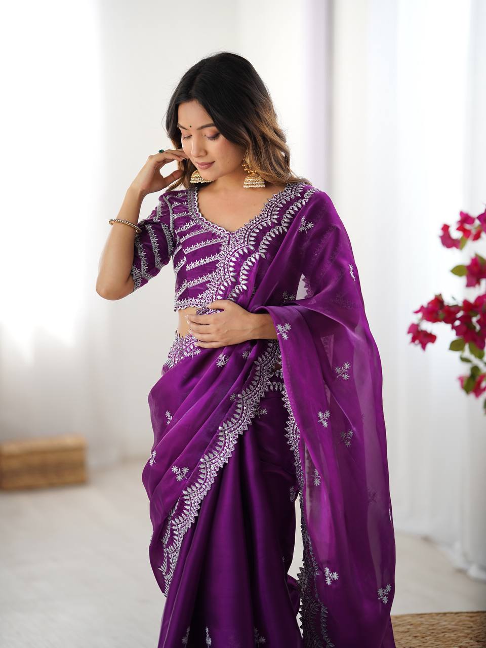 Purple color jimmy choo saree with blouse price
