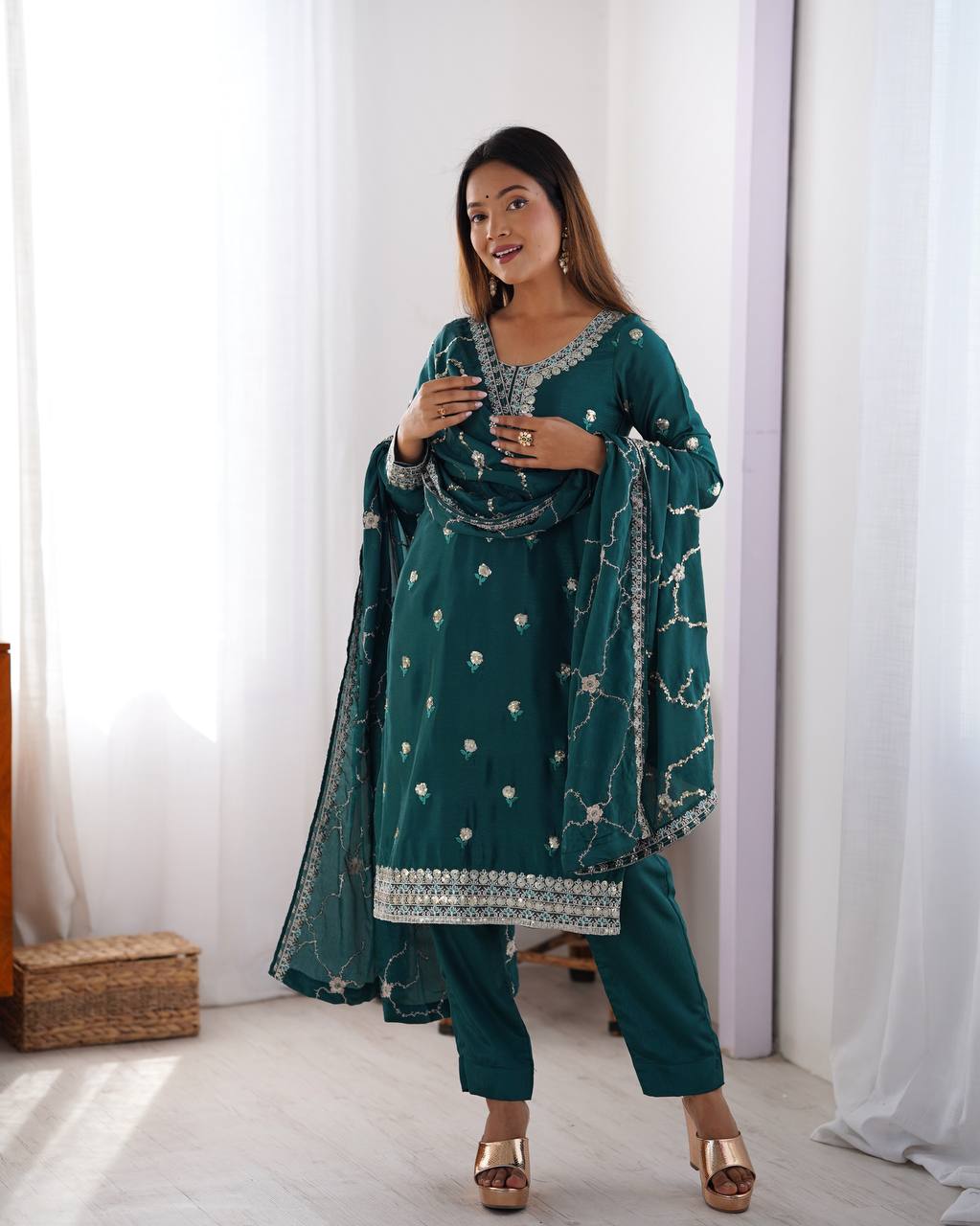 Rama color chinon silk salwar suit with dupatta online