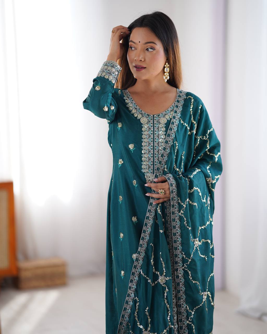 Rama color chinon silk salwar suit with dupatta images