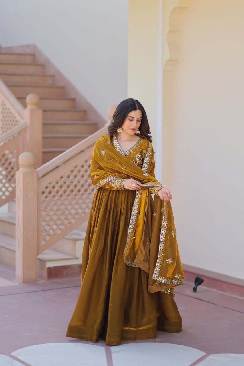Green color fendy gown with dupatta online