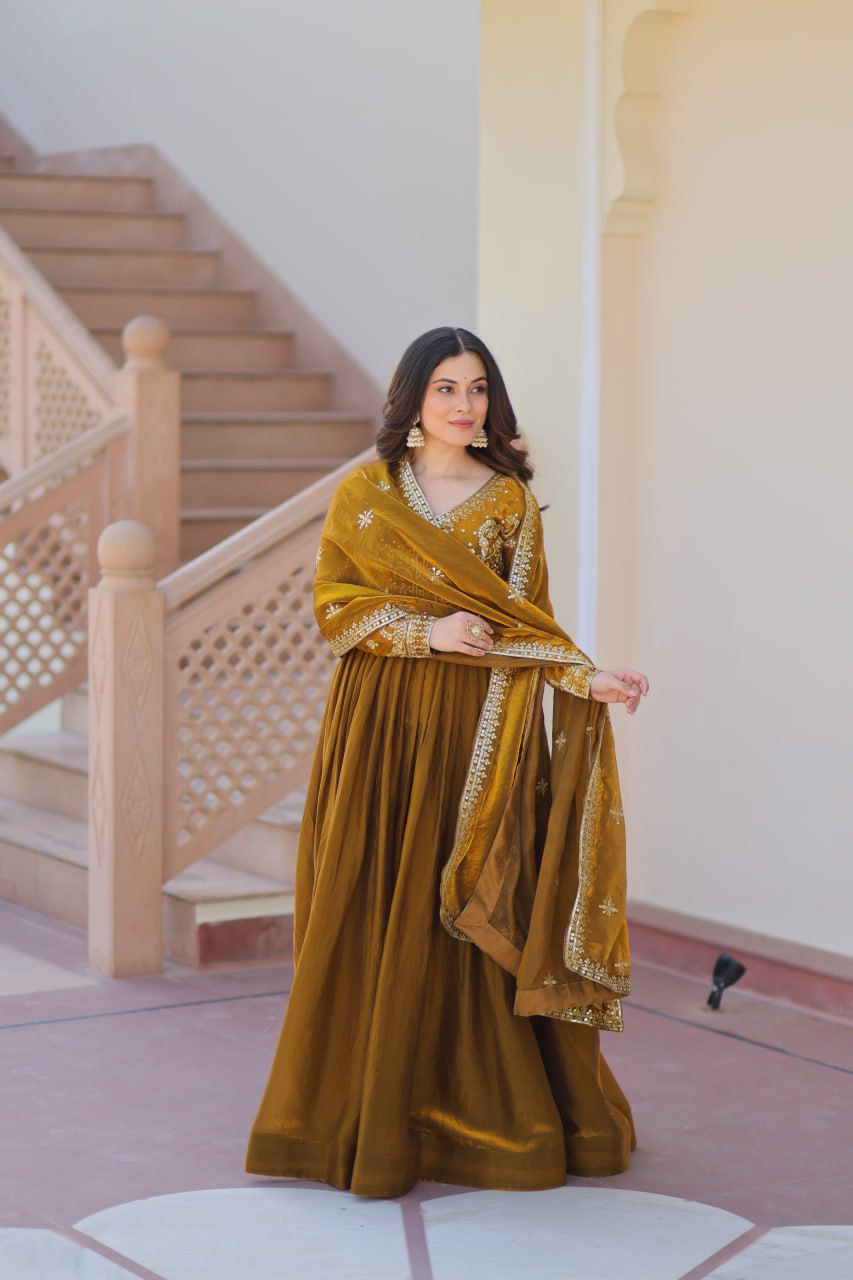 Green color fendy gown with dupatta online