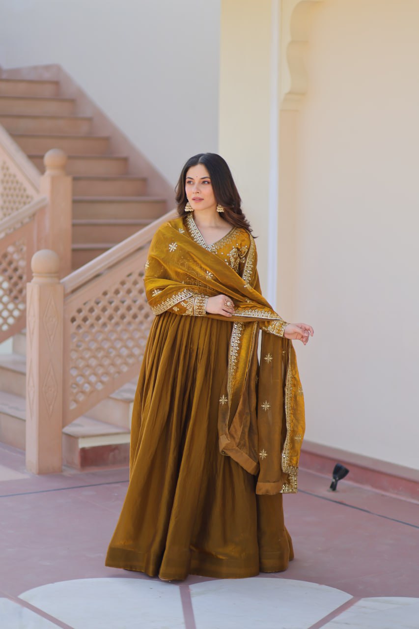 Green color fendy gown with dupatta online shopping