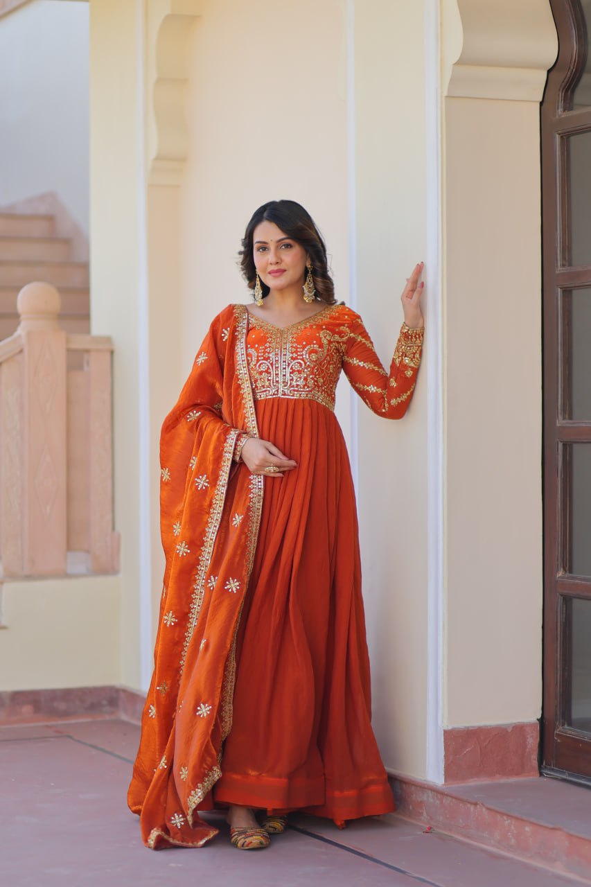 Orange color fendy gown with dupatta online