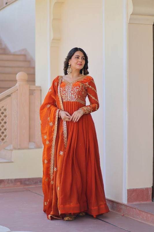 Orange color fendy gown with dupatta