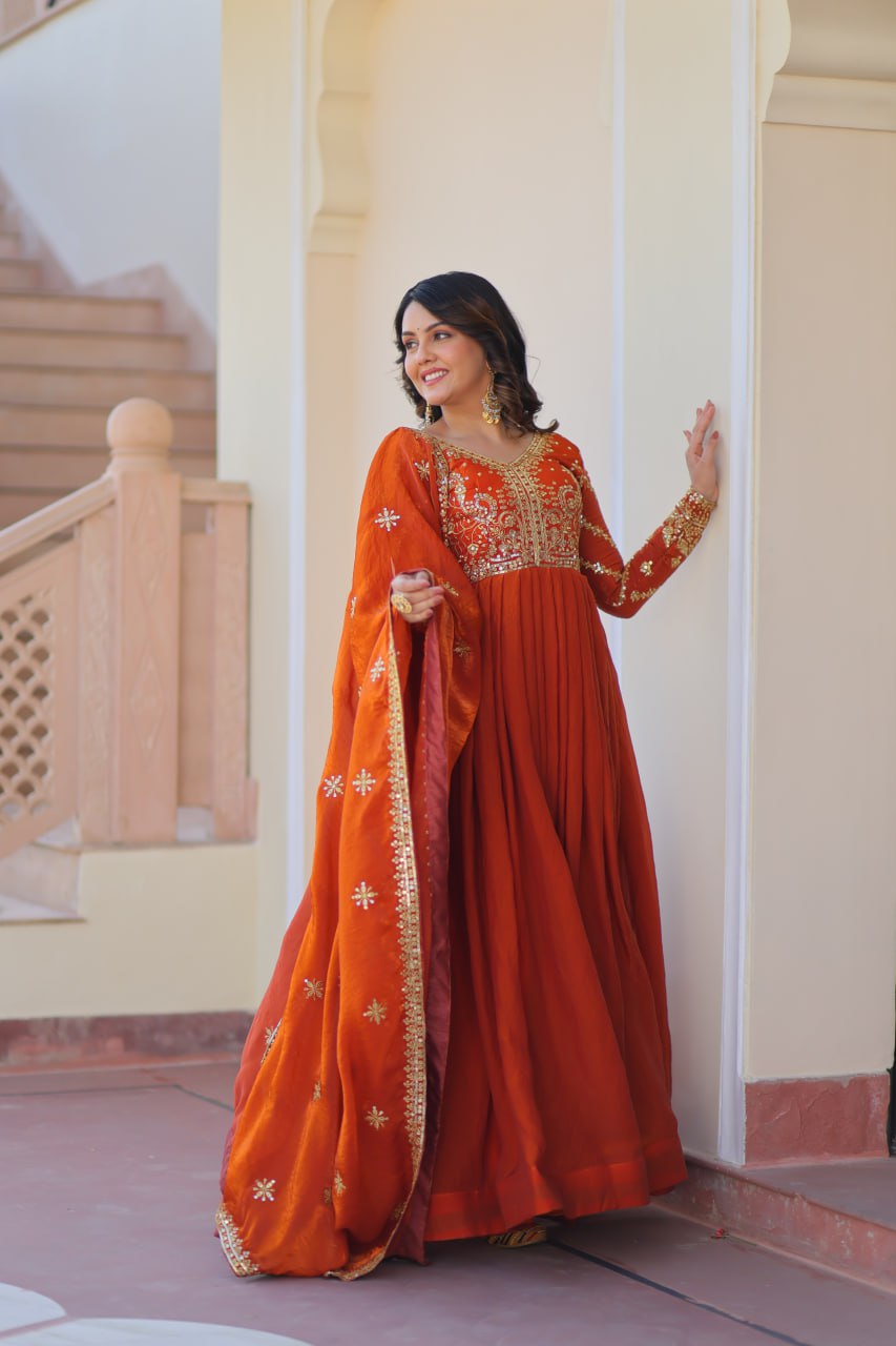 Orange color fendy gown with dupatta price