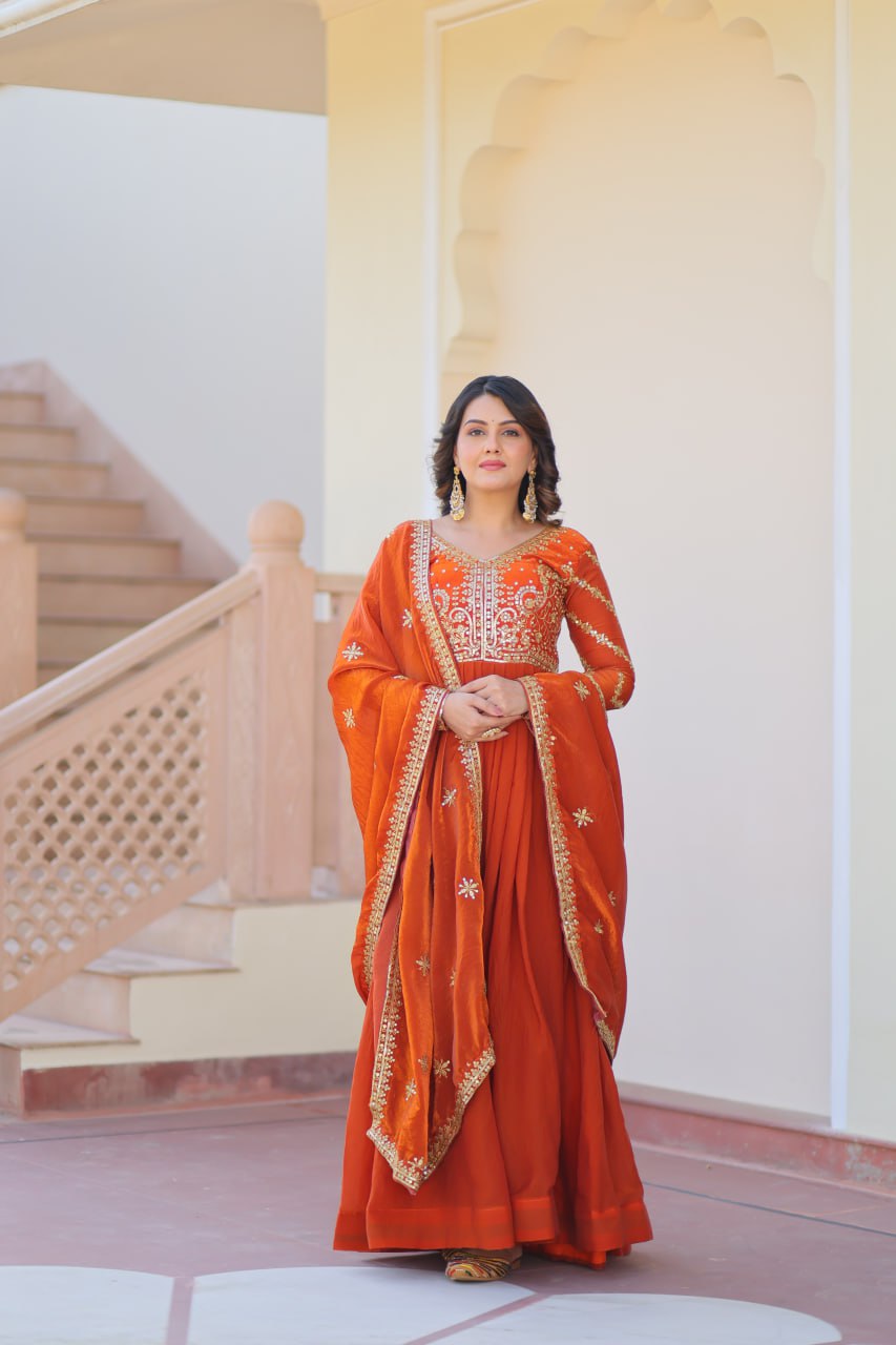 Orange color fendy gown images