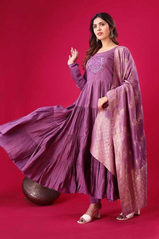 Purple color roman silk salwar suit with dupatta online