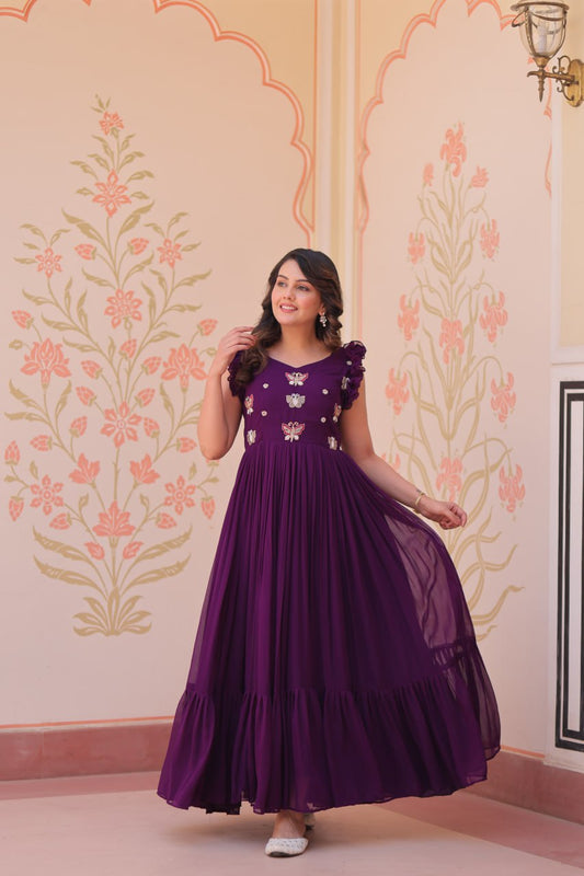 purple color faux blooming gown for wedding