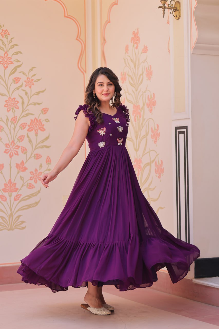 purple color faux blooming gown online shopping