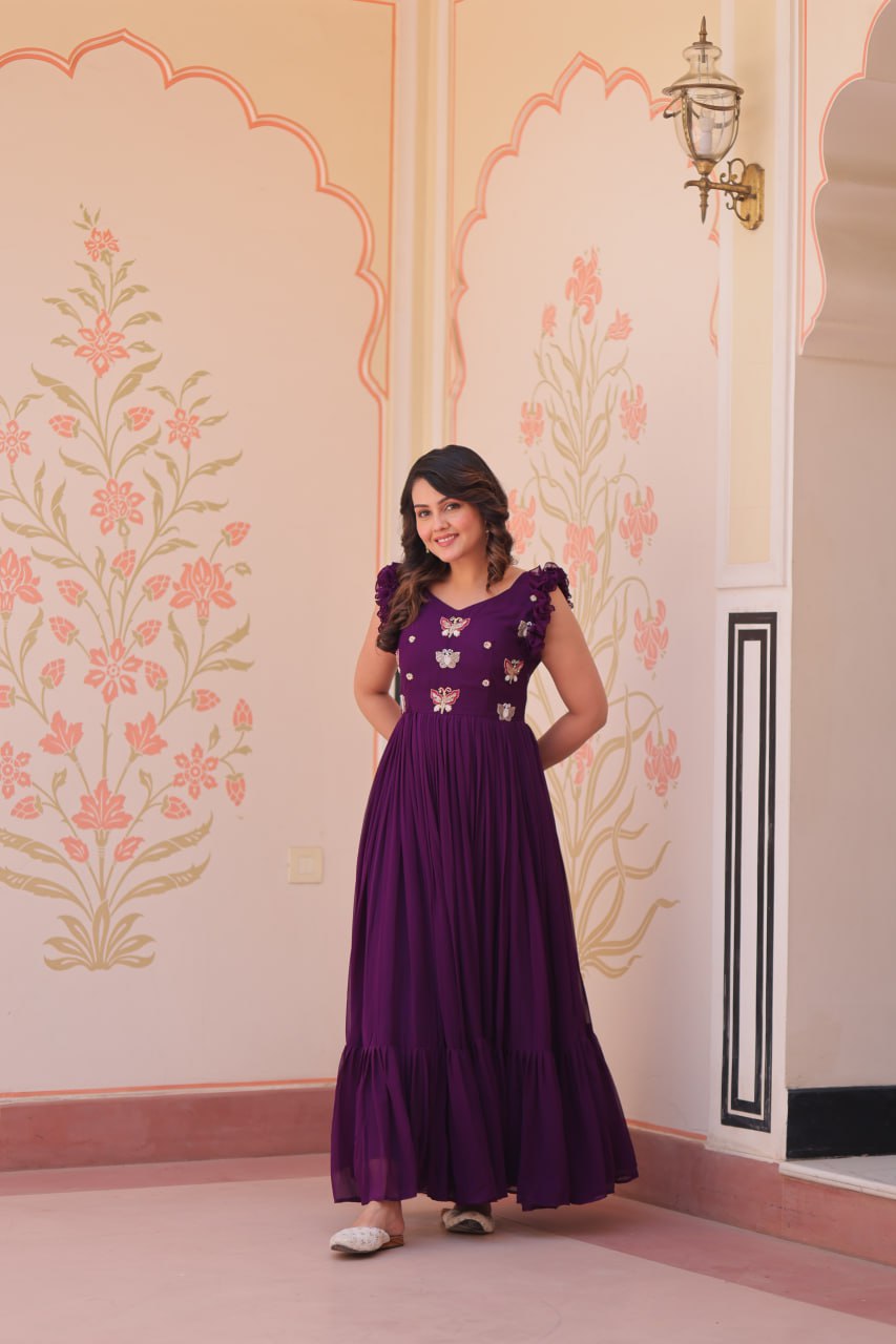 purple color faux blooming gown for party