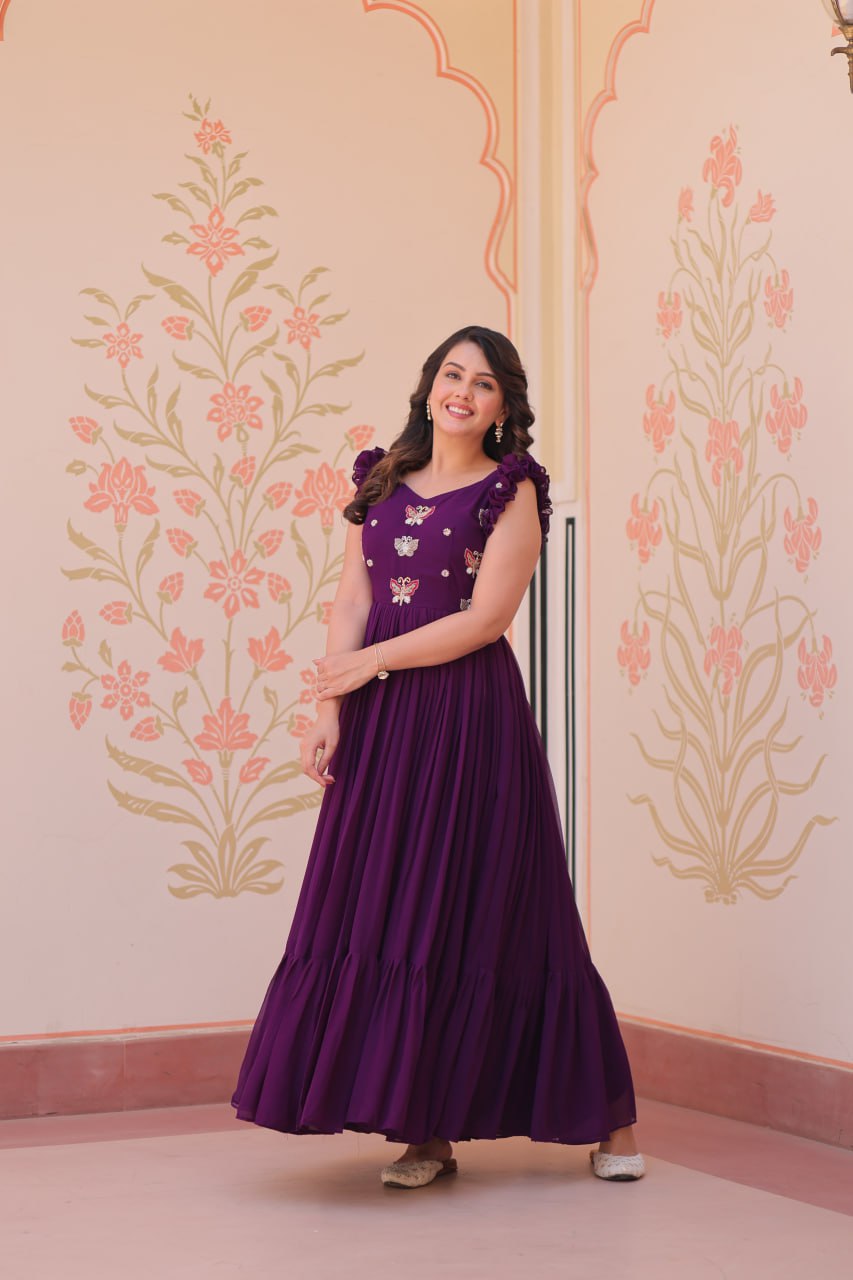 purple color faux blooming gown price