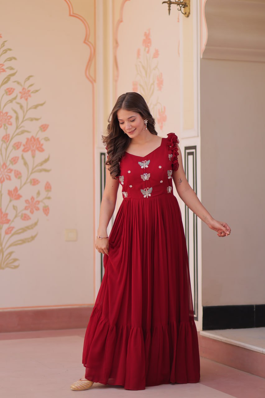 Red color faux blooming gown with online shopping