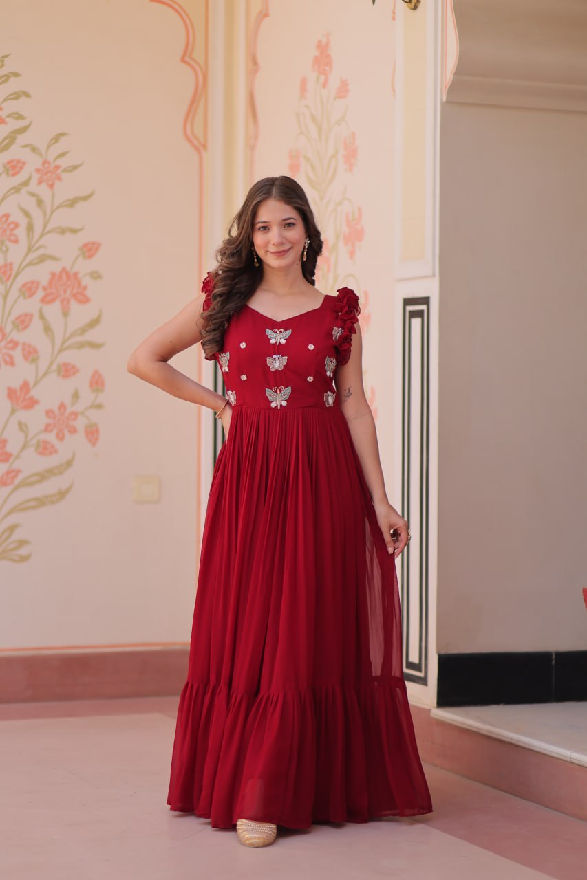 Red color faux blooming gown with online