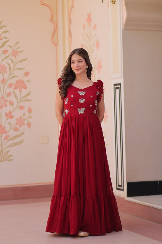 Red color faux blooming gown for women