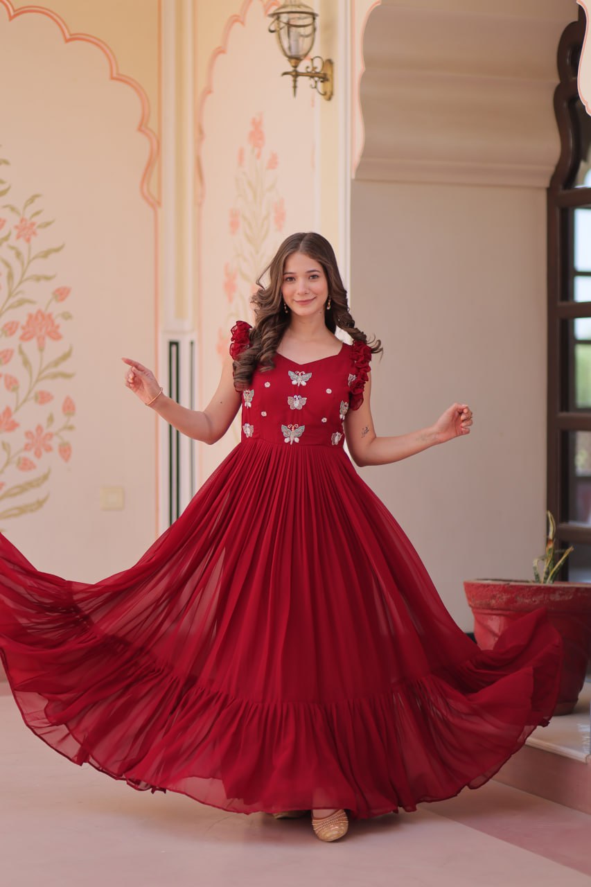Red color faux blooming gown with price