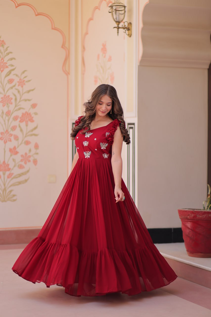 Red color faux blooming gown with images