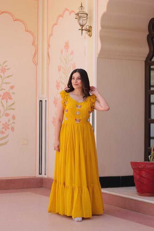 Yellow color faux blooming gown for wedding