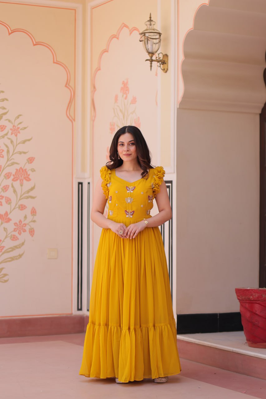 Yellow color faux blooming gown for women