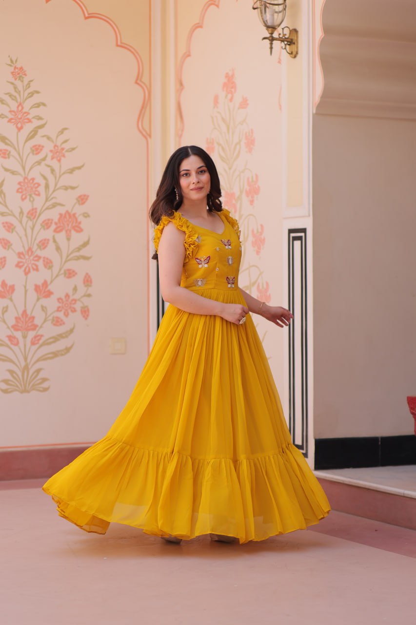 Yellow color faux blooming gown with images