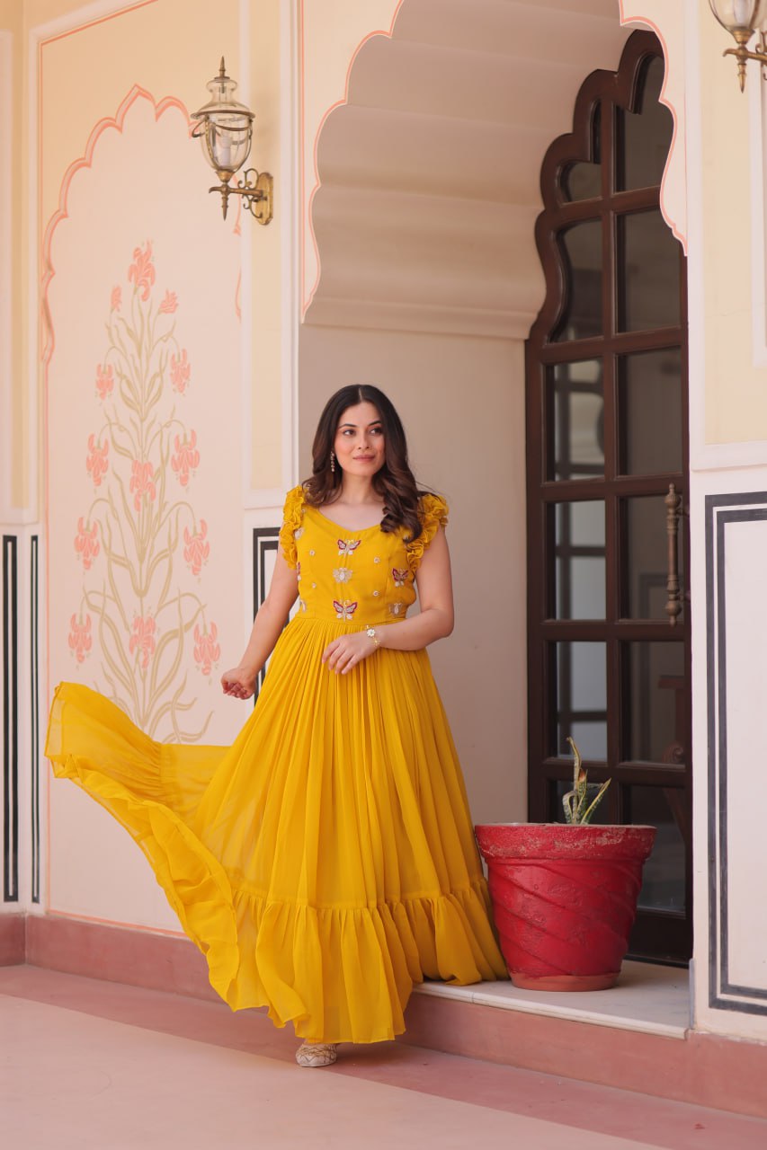 Yellow color faux blooming gown with price