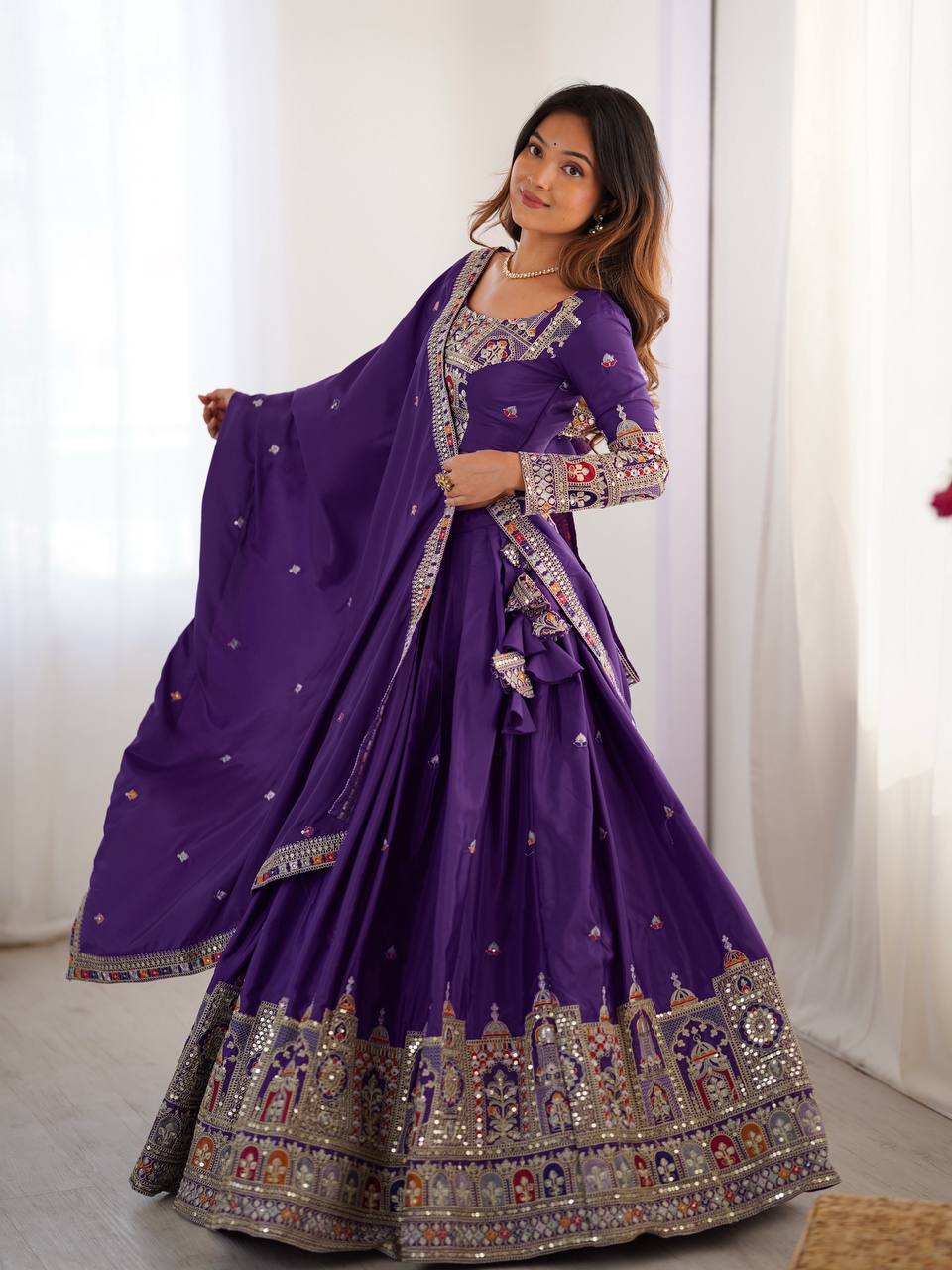 Purple natural crep silk lehenga choli with dupatta