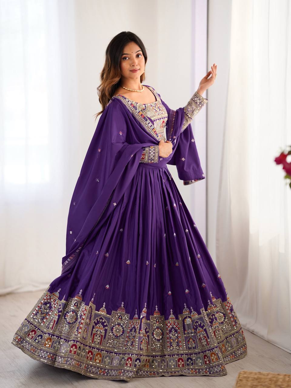 Purple natural crep silk lehenga choli with dupatta images