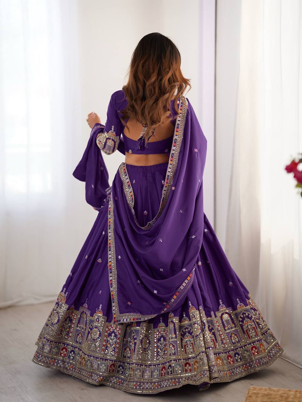 Purple natural crep silk lehenga choli with dupatta for women