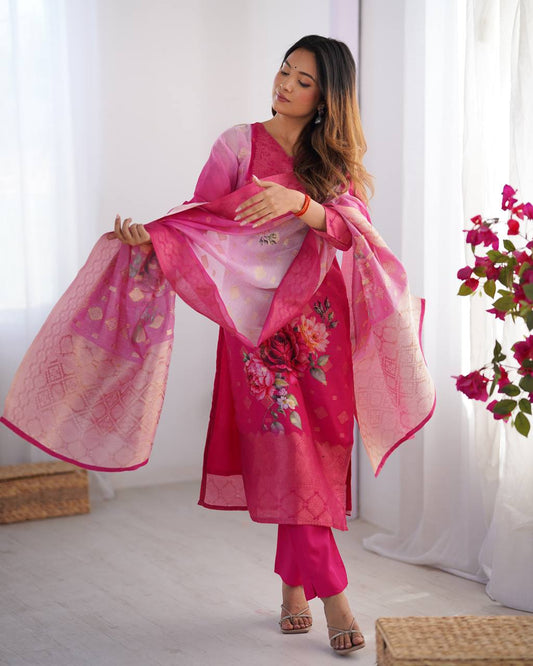 Pink color chanderi silk salwar suit with dupatta price