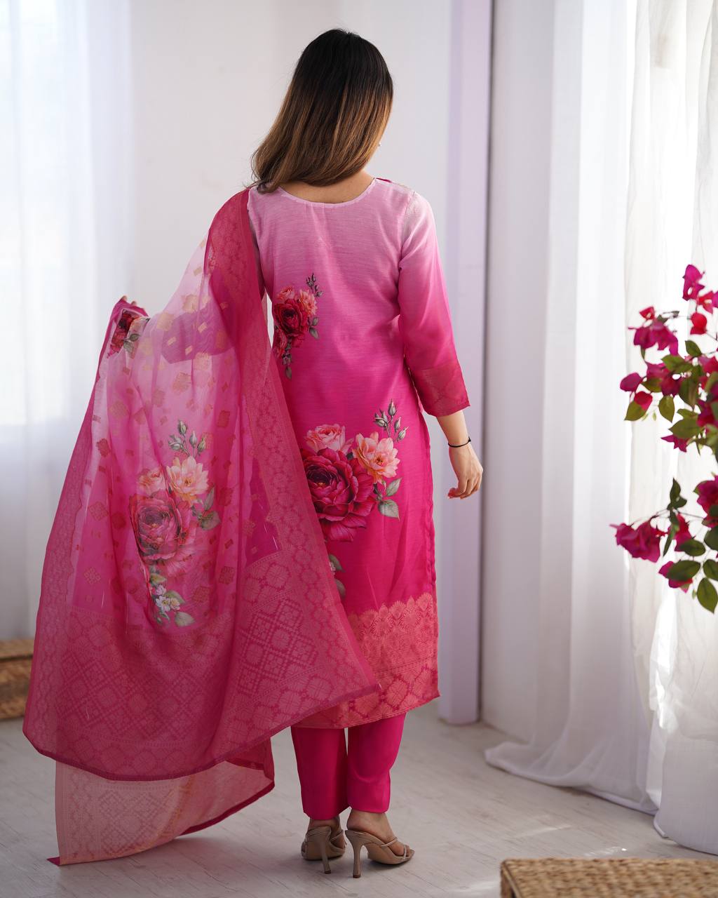 Pink color chanderi silk salwar suit with dupatta design