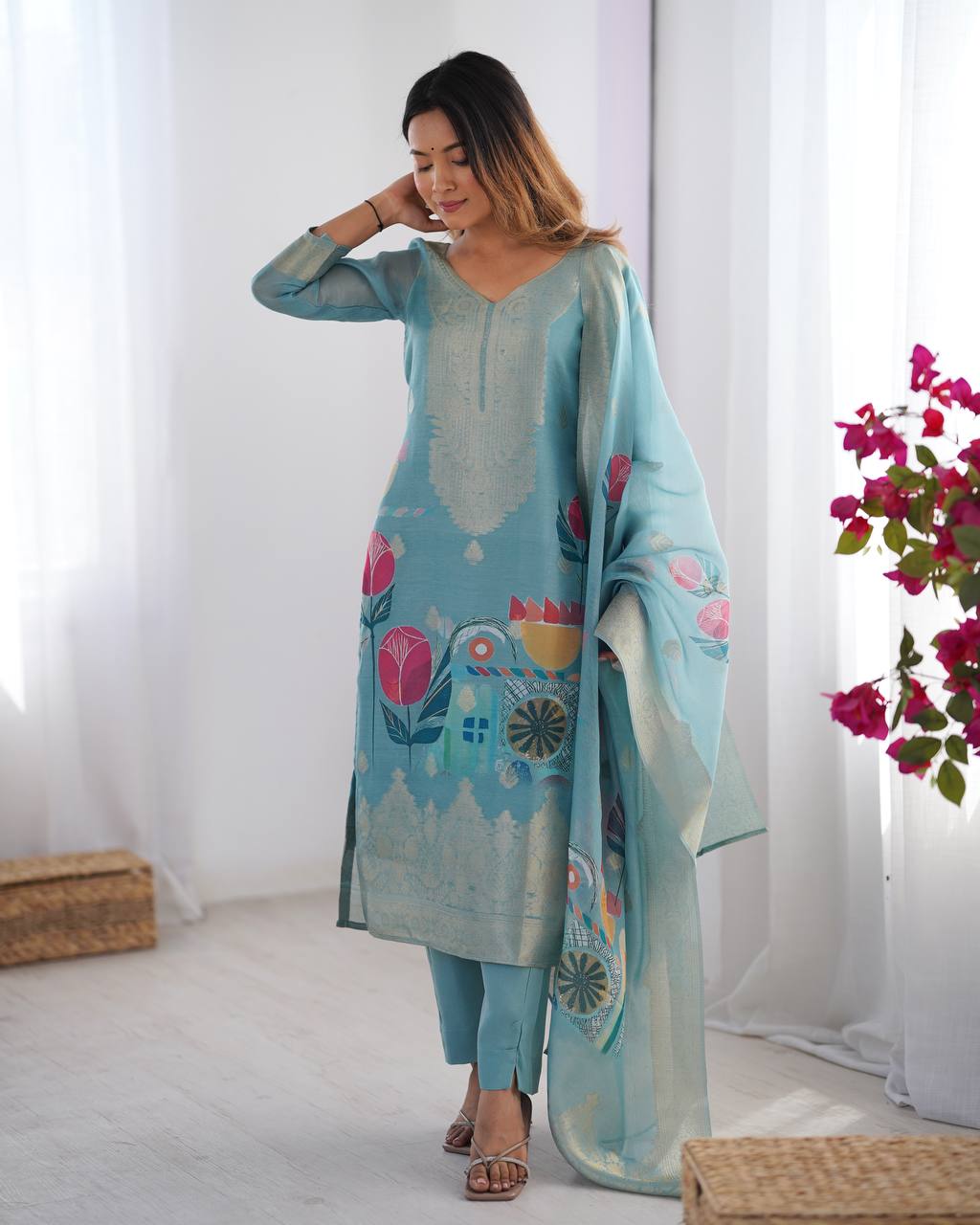Sky color chanderi silk salwar suit for women