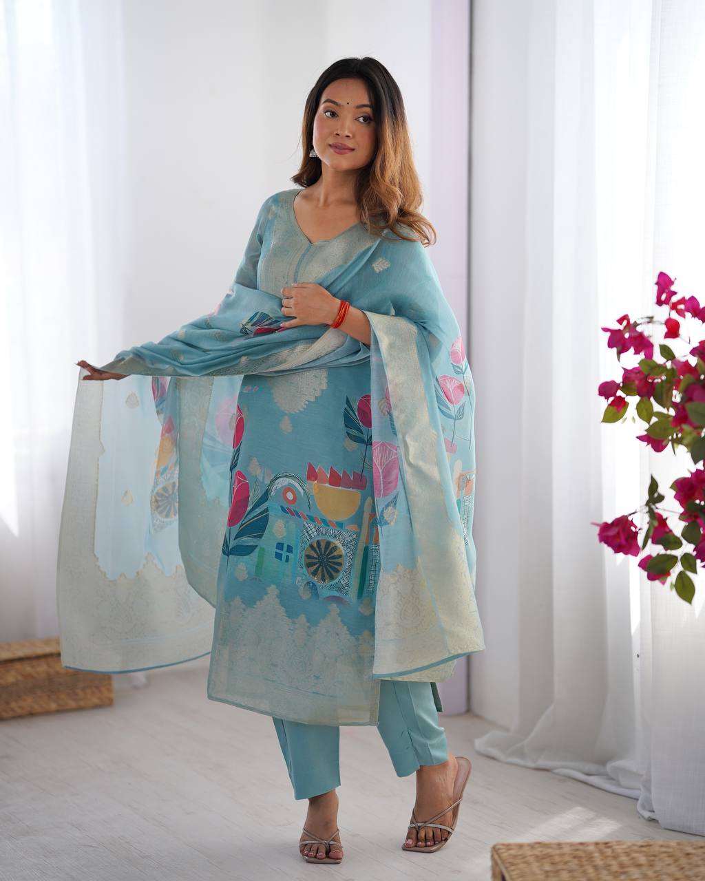 Sky color chanderi silk salwar suit for wedding